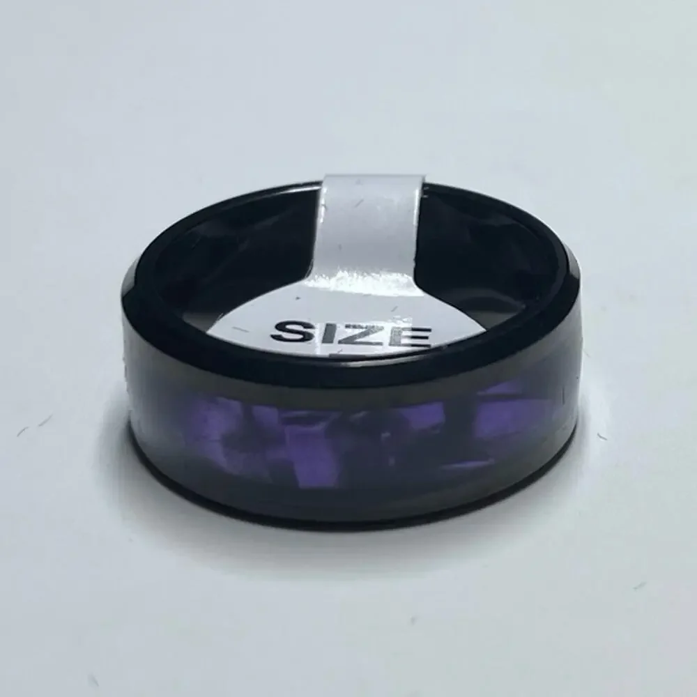8mm Black Tungsten With Synthetic Purple Tiger Cowrie Inlay Band Ring Size 7